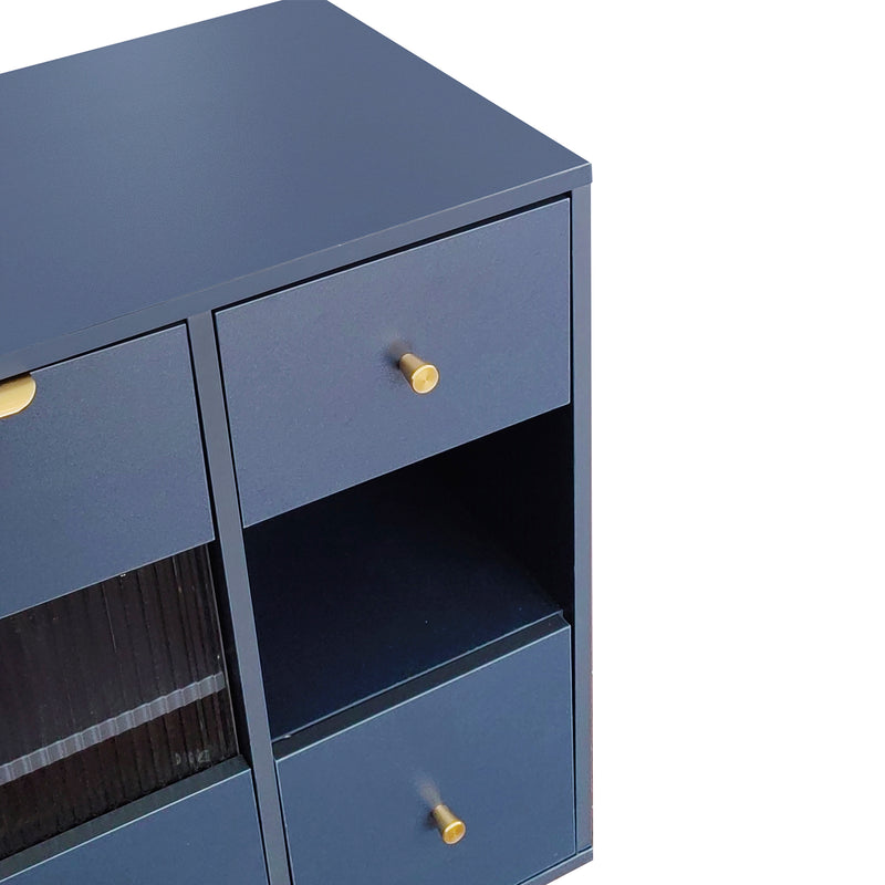 Buffet armoires de rangement bleu marin avec 2 portes battantes en verre éclairage LED poignets et pieds dorés LED RIPHRENS BLUE