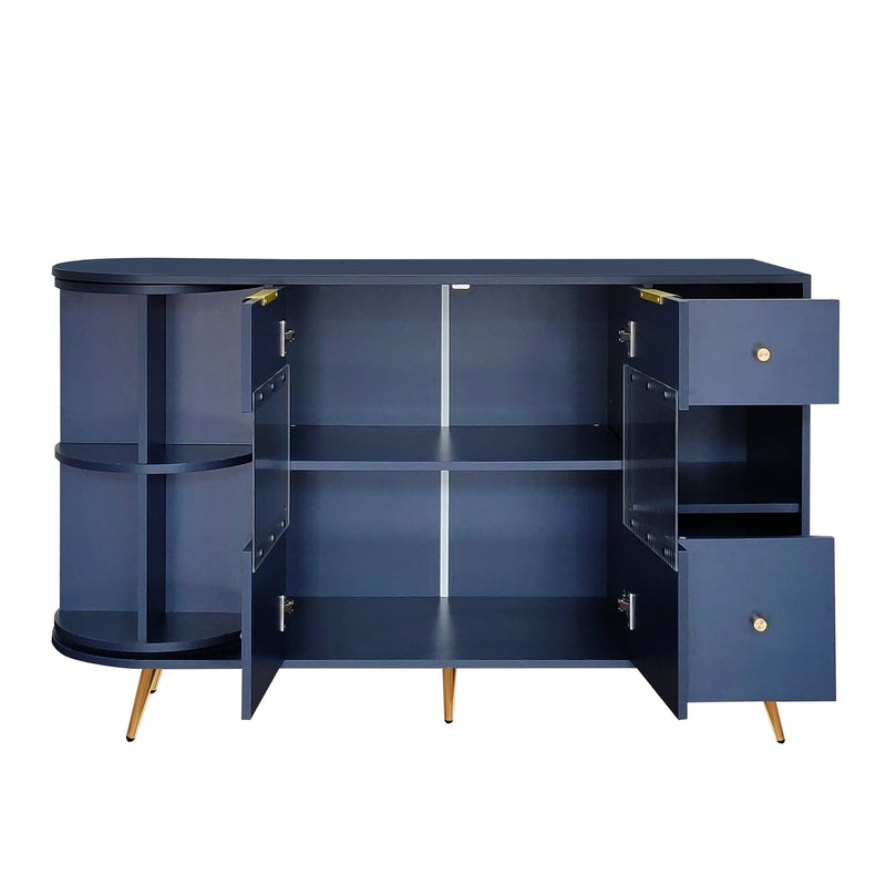 Buffet armoires de rangement bleu marin avec 2 portes battantes en verre éclairage LED poignets et pieds dorés LED RIPHRENS BLUE