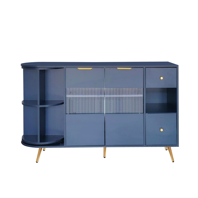 Buffet armoires de rangement bleu marin avec 2 portes battantes en verre éclairage LED poignets et pieds dorés LED RIPHRENS BLUE