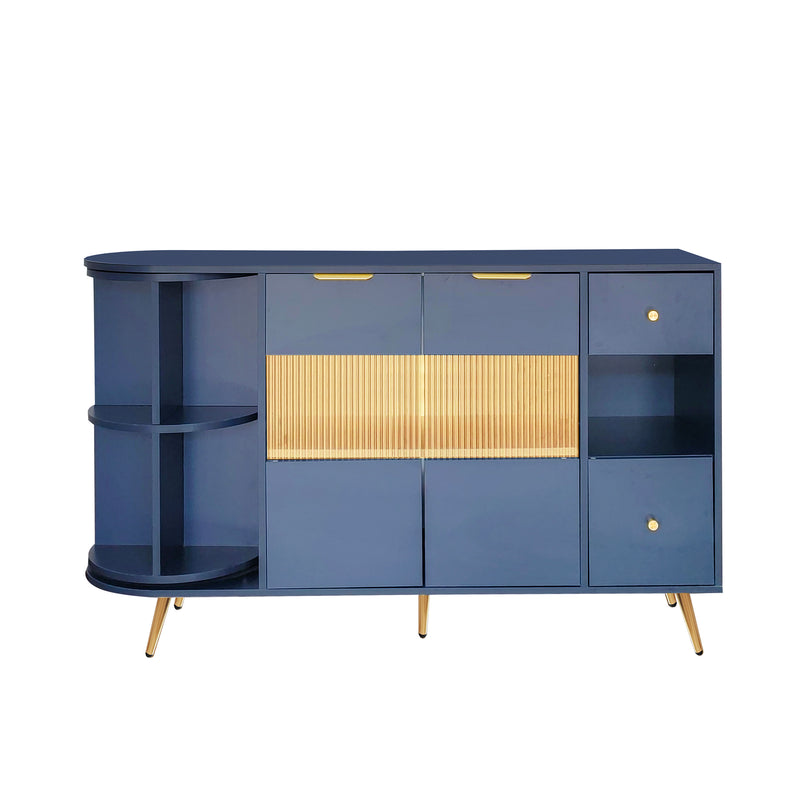 Buffet armoires de rangement bleu marin avec 2 portes battantes en verre éclairage LED poignets et pieds dorés LED RIPHRENS BLUE