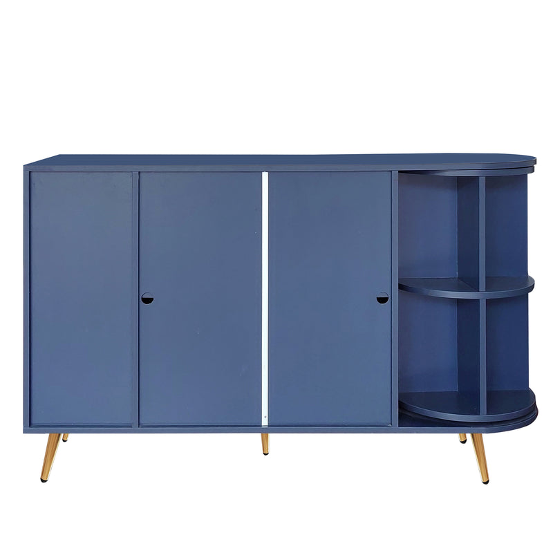 Buffet armoires de rangement bleu marin avec 2 portes battantes en verre éclairage LED poignets et pieds dorés LED RIPHRENS BLUE