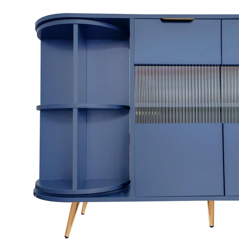 Buffet armoires de rangement bleu marin avec 2 portes battantes en verre éclairage LED poignets et pieds dorés LED RIPHRENS BLUE