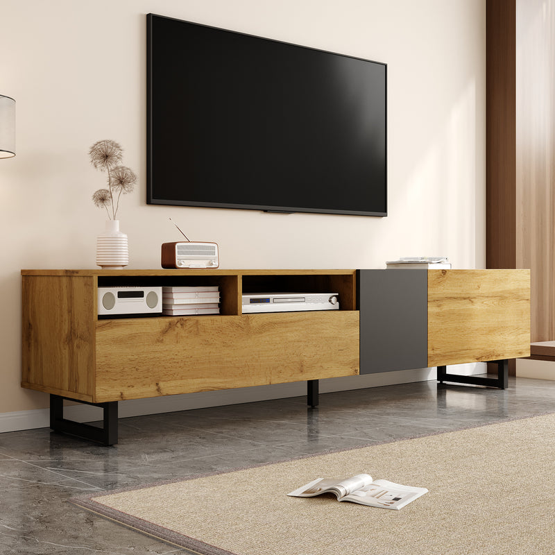 Meuble TV moderne aux couleurs contrastées avec grain de bois et gris 170 cm RIPTIDE