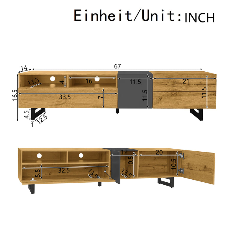 Meuble TV moderne aux couleurs contrastées avec grain de bois et gris 170 cm RIPTIDE