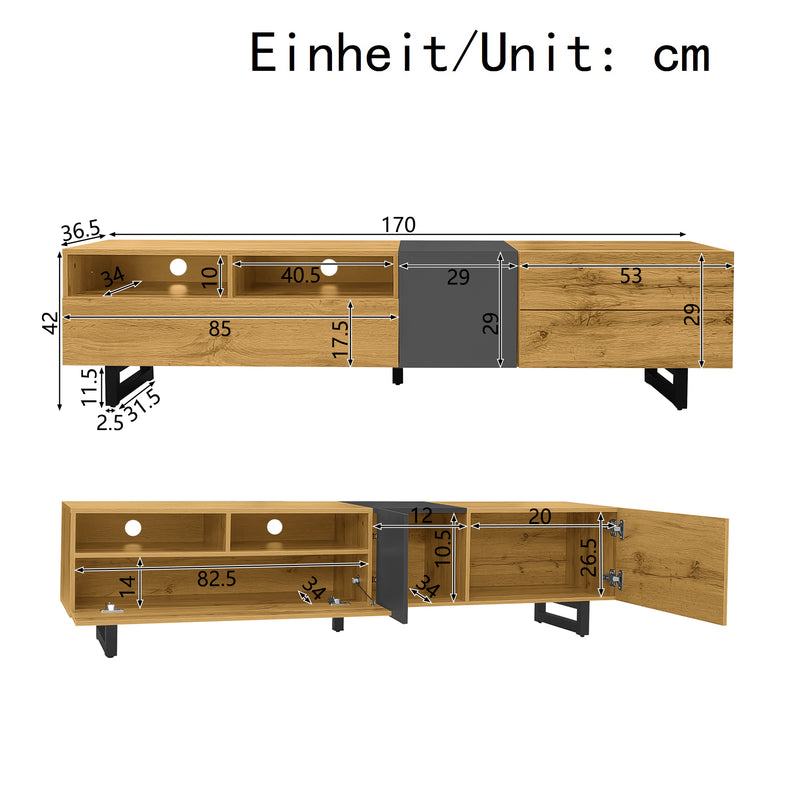 Meuble TV moderne aux couleurs contrastées avec grain de bois et gris 170 cm RIPTIDE
