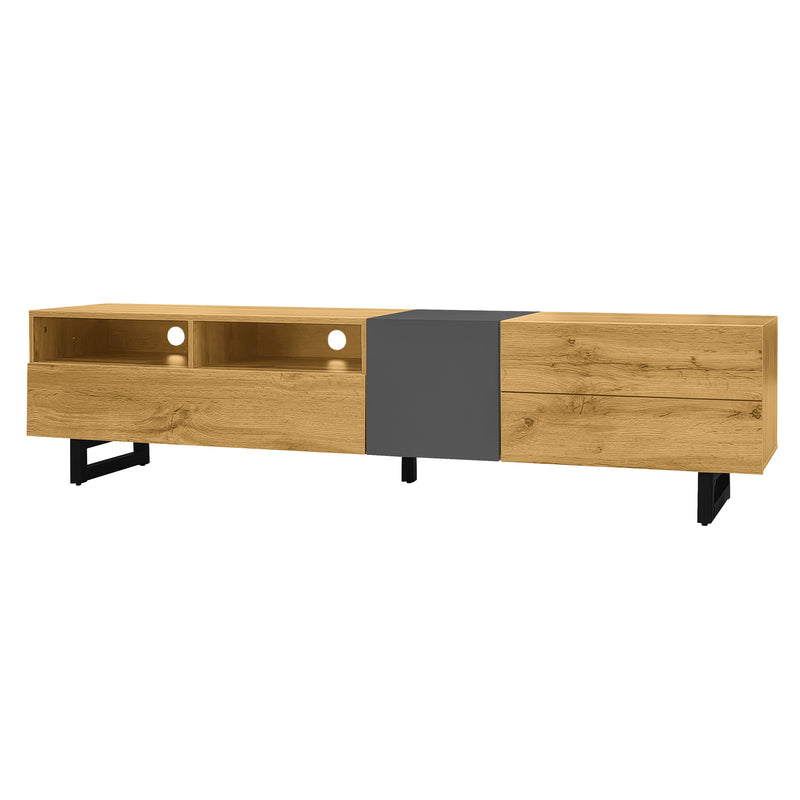 Meuble TV moderne aux couleurs contrastées avec grain de bois et gris 170 cm RIPTIDE