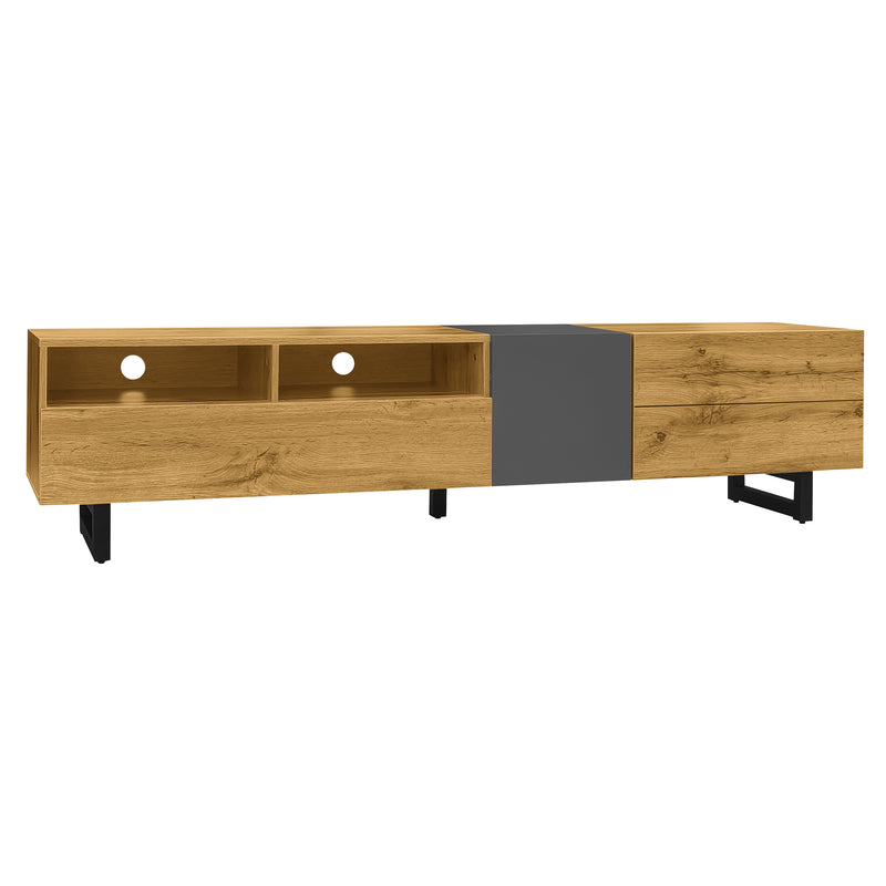 Meuble TV moderne aux couleurs contrastées avec grain de bois et gris 170 cm RIPTIDE