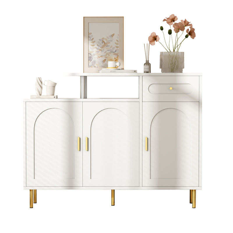 Buffet blanc 3 portes courbes pieds poignées métalliques dorées RIHMIEN