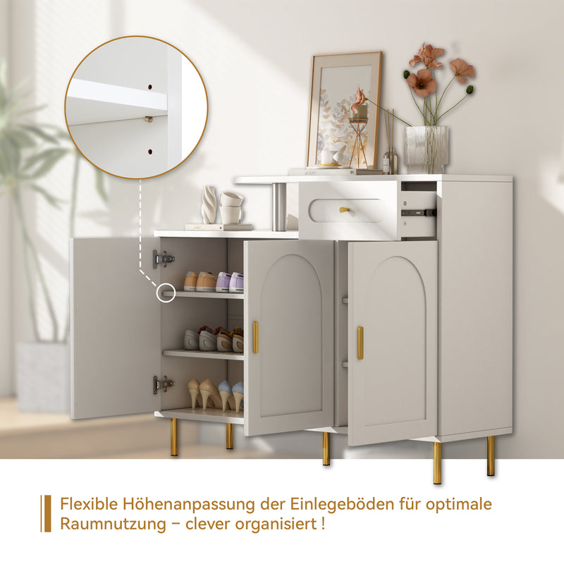 Buffet blanc 3 portes courbes pieds poignées métalliques dorées RIHMIEN