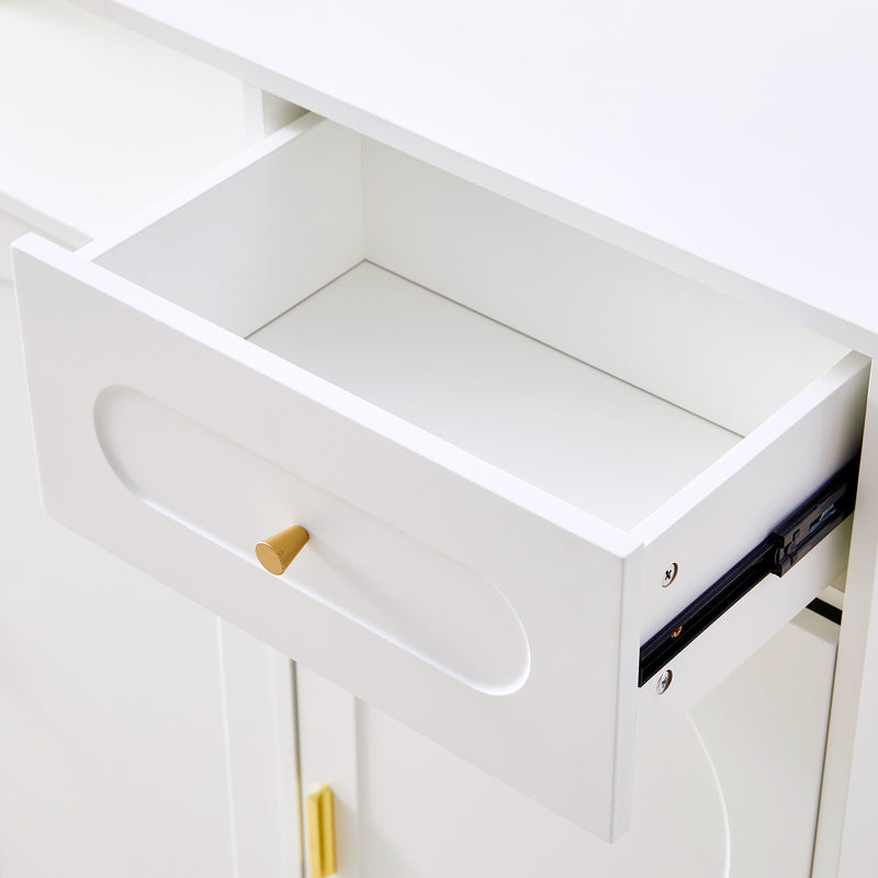 Buffet blanc 3 portes courbes pieds poignées métalliques dorées RIHMIEN