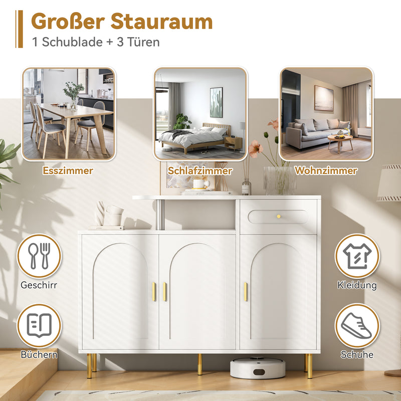 Buffet blanc 3 portes courbes pieds poignées métalliques dorées RIHMIEN