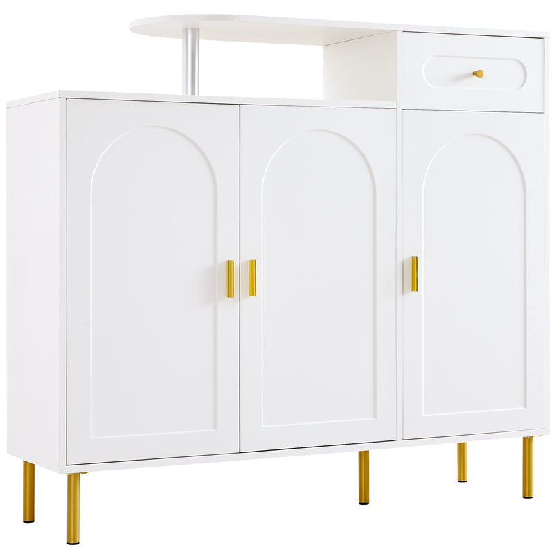 Buffet blanc 3 portes courbes pieds poignées métalliques dorées RIHMIEN