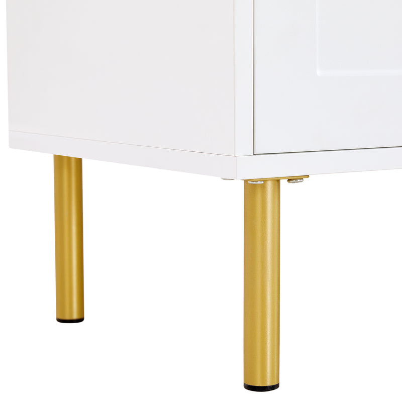 Buffet blanc 3 portes courbes pieds poignées métalliques dorées RIHMIEN