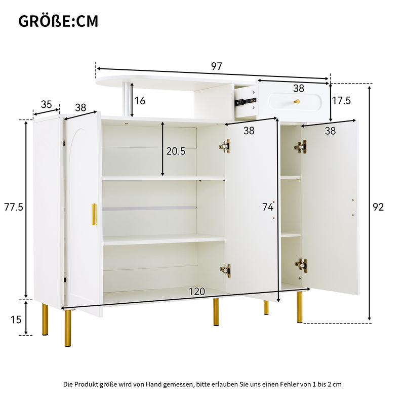 Buffet blanc 3 portes courbes pieds poignées métalliques dorées RIHMIEN