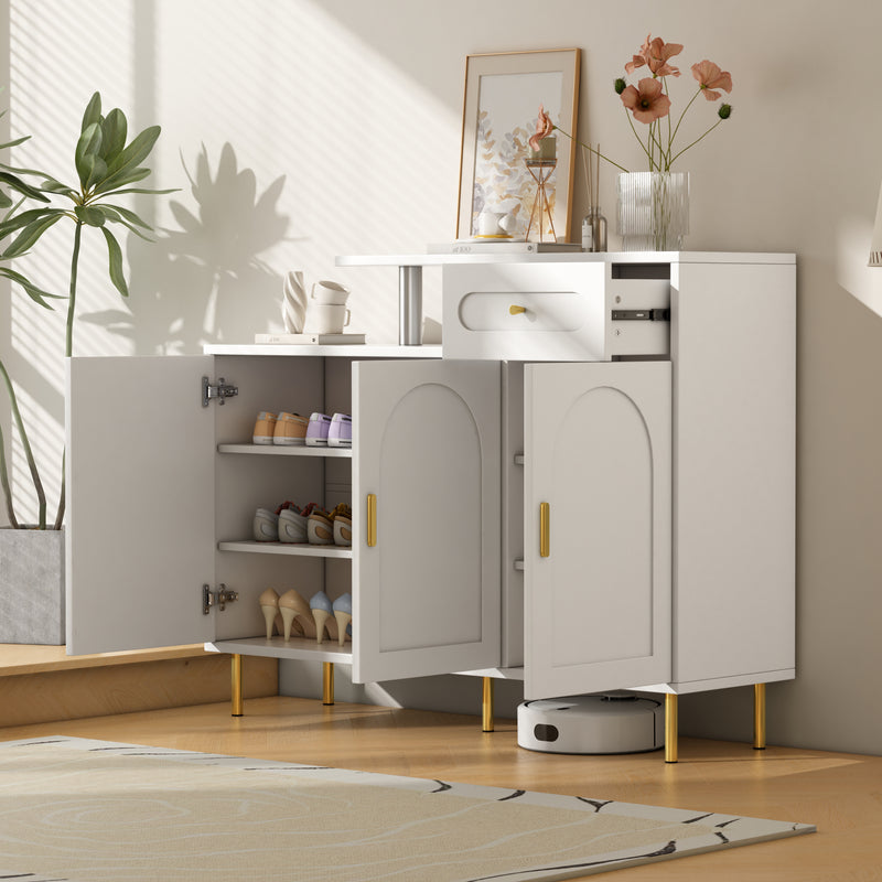 Buffet blanc 3 portes courbes pieds poignées métalliques dorées RIHMIEN