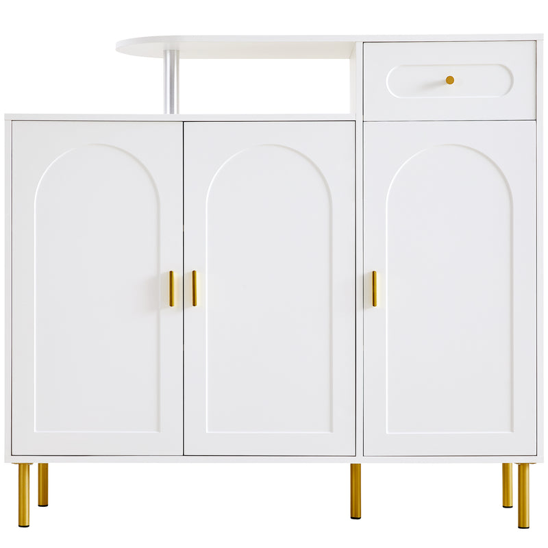 Buffet blanc 3 portes courbes pieds poignées métalliques dorées RIHMIEN