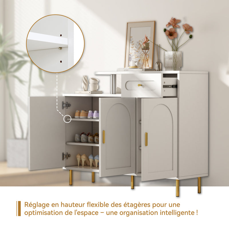 Buffet blanc 3 portes courbes pieds poignées métalliques dorées RIHMIEN