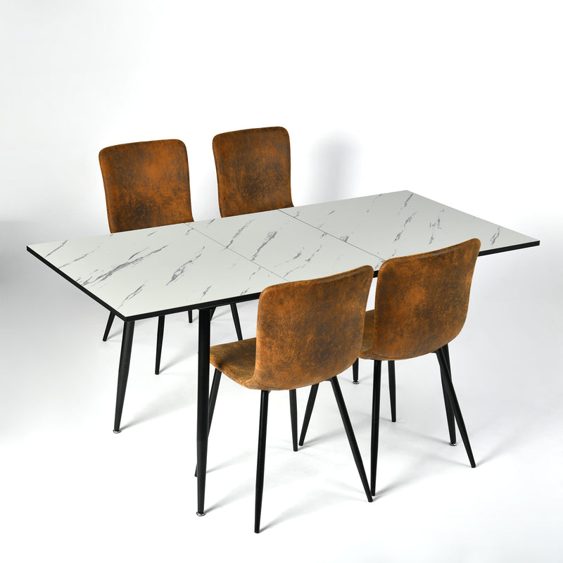 Ensemble table extensible effet marbre blanc 120-160cm et 4 chaises style scandinaves retros WHALEN WHITE MARBLE STRETCH TABLE BLACK LEG+SCARGILL SUEDE NL 4PCS