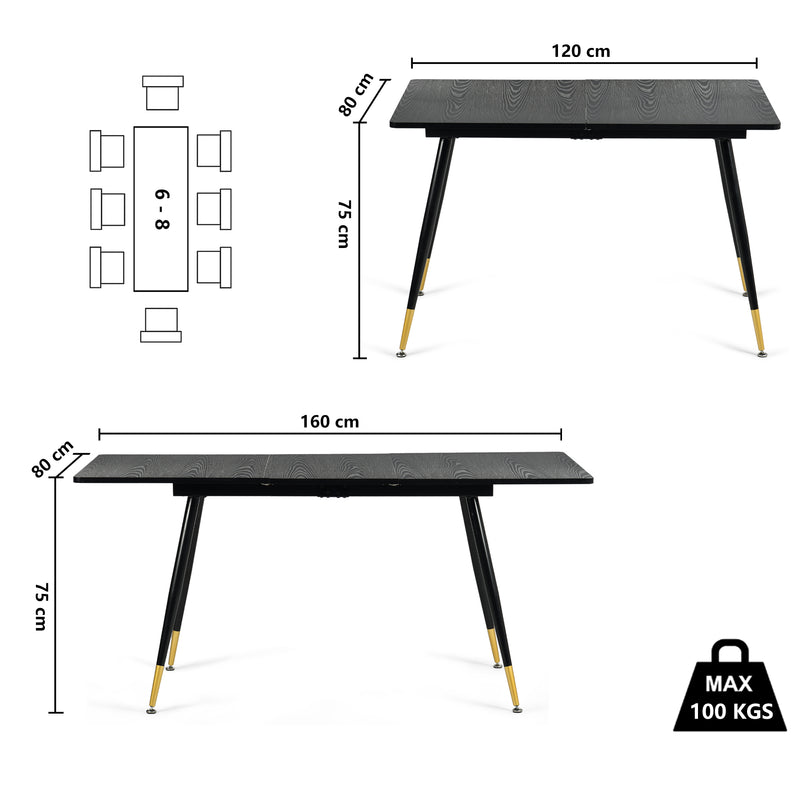 Table de salle à manger rectangulaire extensible noir effet bois de style scandinave pieds points dorés 120-160 WHALEN DARK WOOD STRETCH TABLE BG
