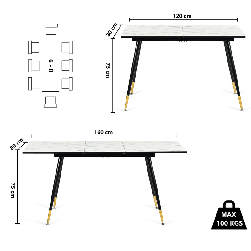 Table de salle à manger rectangulaire extensible blanche effet marbre de style scandinave pieds points dorés 120-160 WHALEN WHITE MARBLE STRETCH TABLE BG