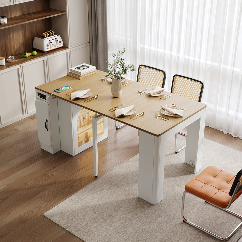 Îlot de cuisine mobile et table à manger extensible avec roulettes, éclairage LED avec prises intégrées (blanc et bois naturel) SALNIED