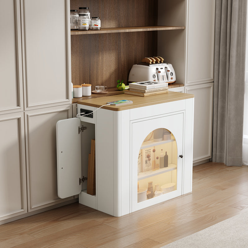 Îlot de cuisine mobile et table à manger extensible avec roulettes, éclairage LED avec prises intégrées (blanc et bois naturel) SALNIED