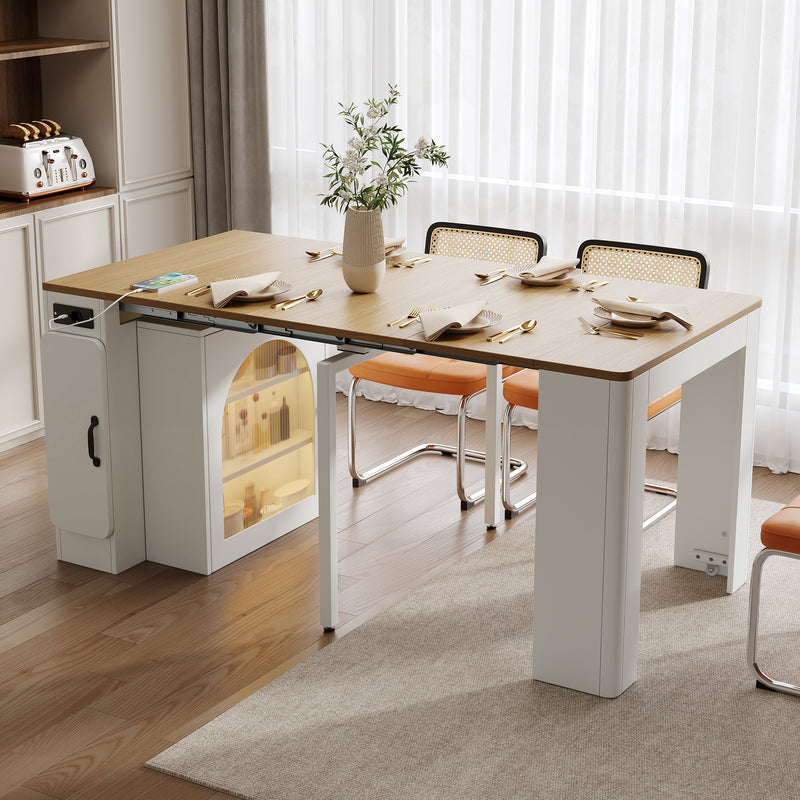 Îlot de cuisine mobile et table à manger extensible avec roulettes, éclairage LED avec prises intégrées (blanc et bois naturel) SALNIED