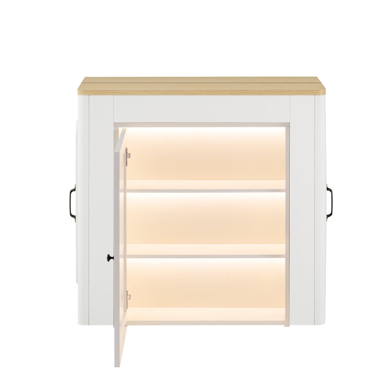 Îlot de cuisine mobile et table à manger extensible avec roulettes, éclairage LED avec prises intégrées (blanc et bois naturel) SALNIED