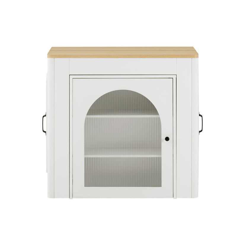 Îlot de cuisine mobile et table à manger extensible avec roulettes, éclairage LED avec prises intégrées (blanc et bois naturel) SALNIED