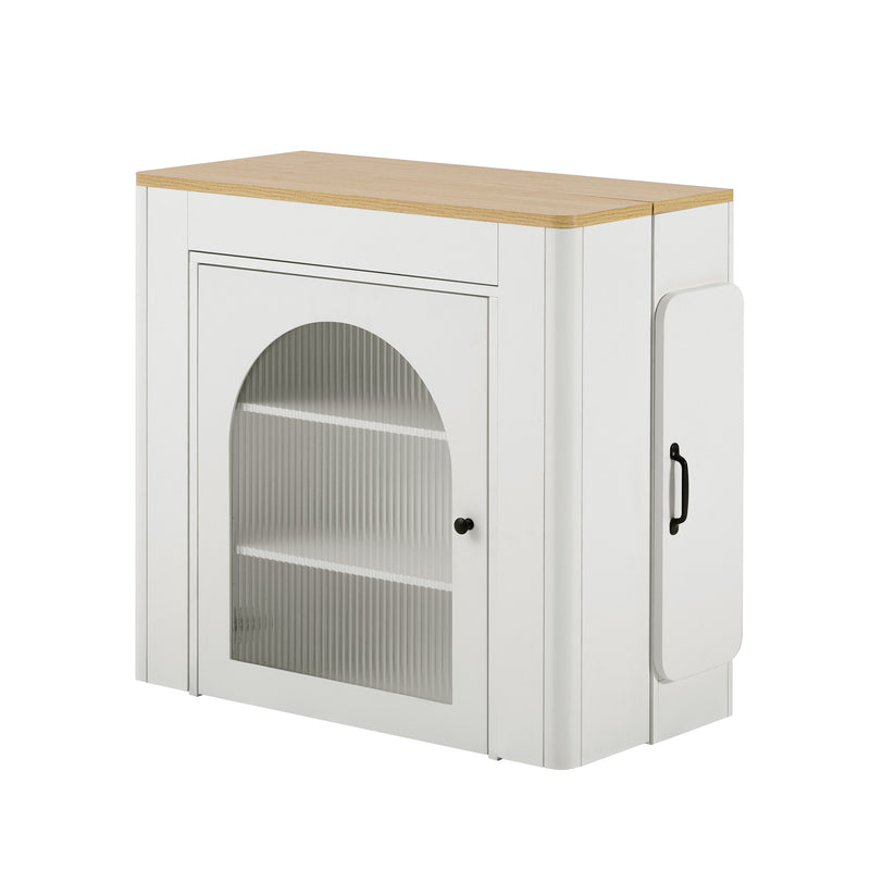 Îlot de cuisine mobile et table à manger extensible avec roulettes, éclairage LED avec prises intégrées (blanc et bois naturel) SALNIED