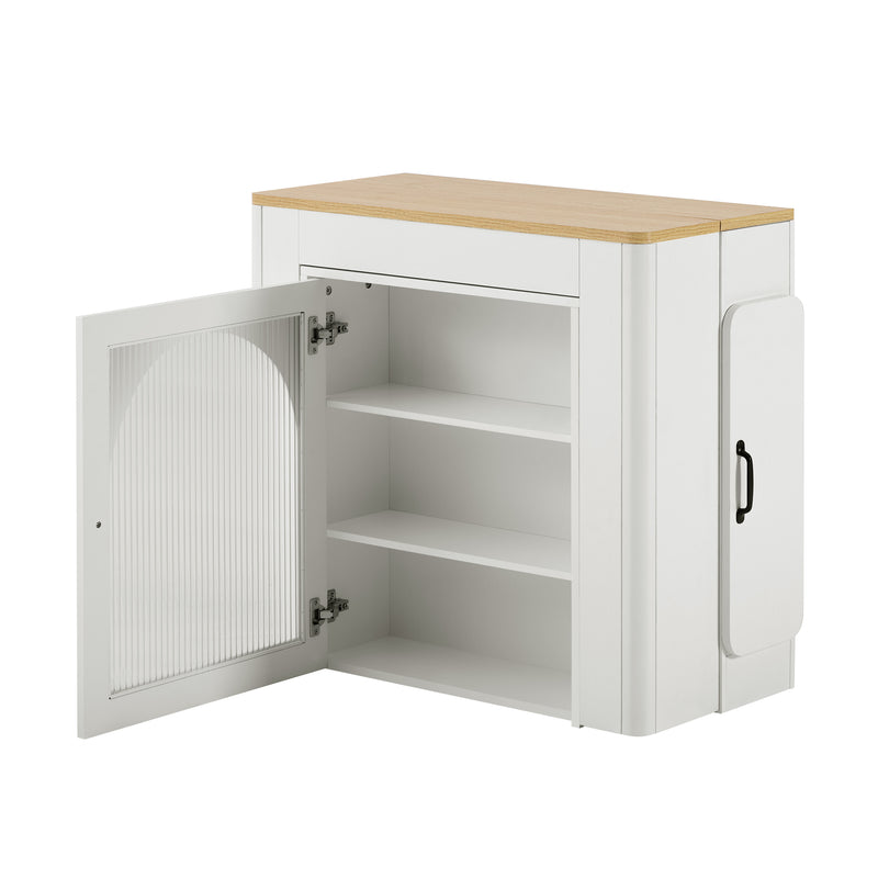 Îlot de cuisine mobile et table à manger extensible avec roulettes, éclairage LED avec prises intégrées (blanc et bois naturel) SALNIED