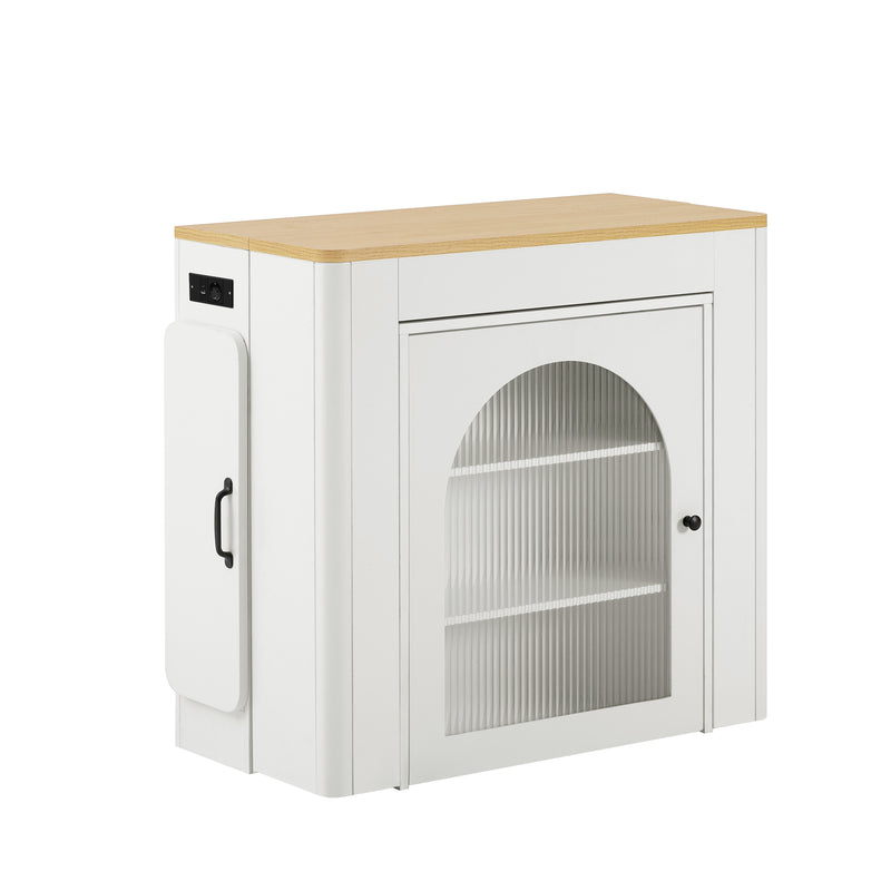 Îlot de cuisine mobile et table à manger extensible avec roulettes, éclairage LED avec prises intégrées (blanc et bois naturel) SALNIED