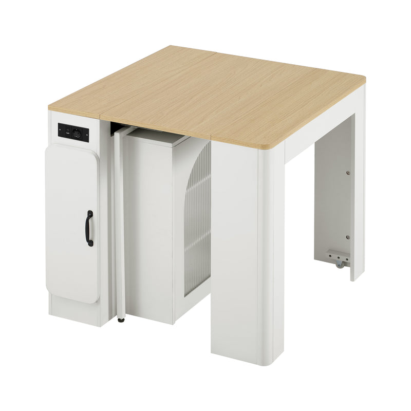 Îlot de cuisine mobile et table à manger extensible avec roulettes, éclairage LED avec prises intégrées (blanc et bois naturel) SALNIED
