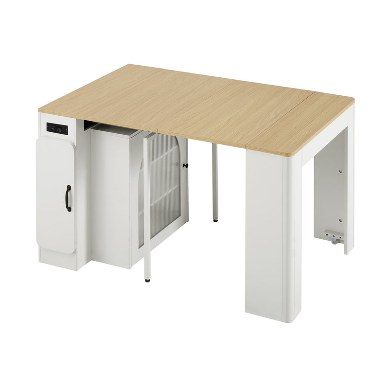 Îlot de cuisine mobile et table à manger extensible avec roulettes, éclairage LED avec prises intégrées (blanc et bois naturel) SALNIED