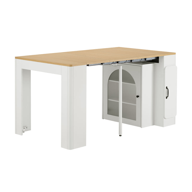 Îlot de cuisine mobile et table à manger extensible avec roulettes, éclairage LED avec prises intégrées (blanc et bois naturel) SALNIED