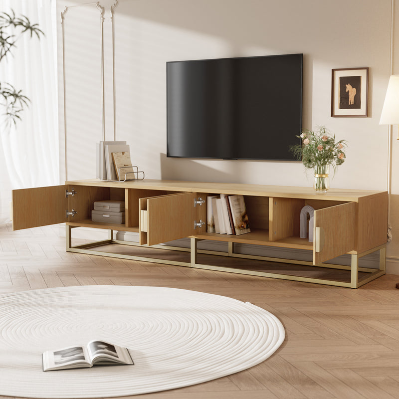 Meuble TV 180 cm avec veinure de bois – meuble de salle à manger moderne, 4 portes, poignées semi-circulaires SCAUNAID