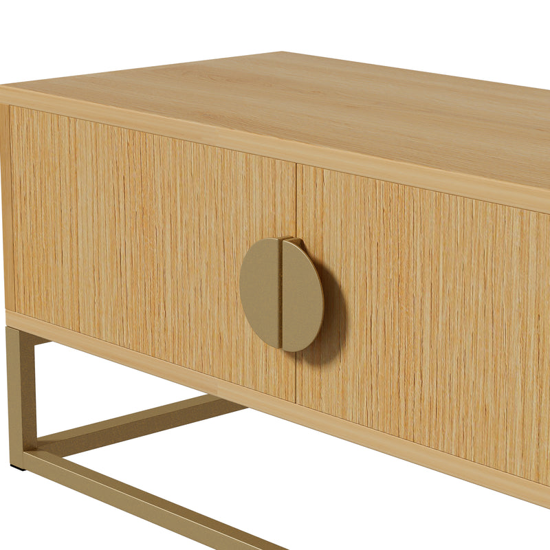 Meuble TV 180 cm avec veinure de bois – meuble de salle à manger moderne, 4 portes, poignées semi-circulaires SCAUNAID