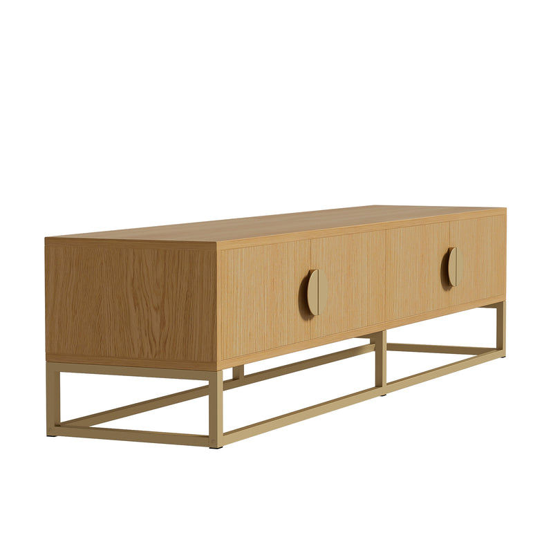 Meuble TV 180 cm avec veinure de bois – meuble de salle à manger moderne, 4 portes, poignées semi-circulaires SCAUNAID