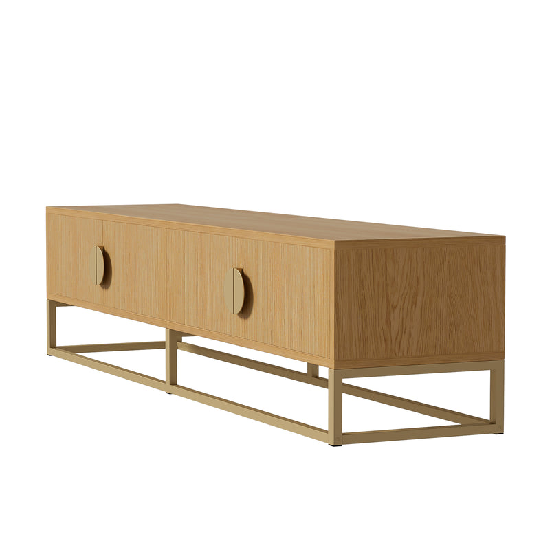 Meuble TV 180 cm avec veinure de bois – meuble de salle à manger moderne, 4 portes, poignées semi-circulaires SCAUNAID