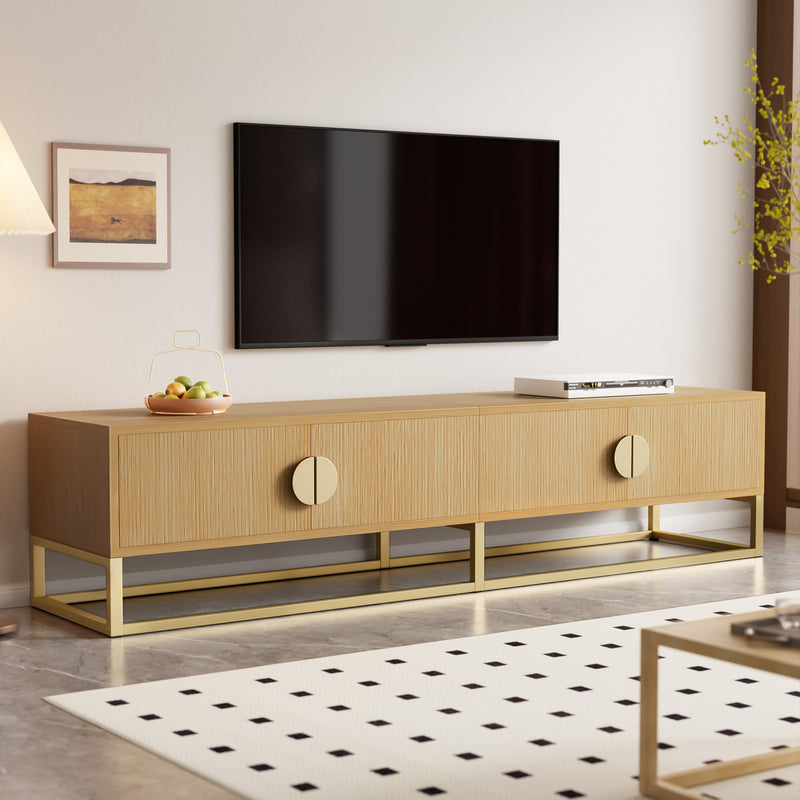Meuble TV 180 cm avec veinure de bois – meuble de salle à manger moderne, 4 portes, poignées semi-circulaires SCAUNAID