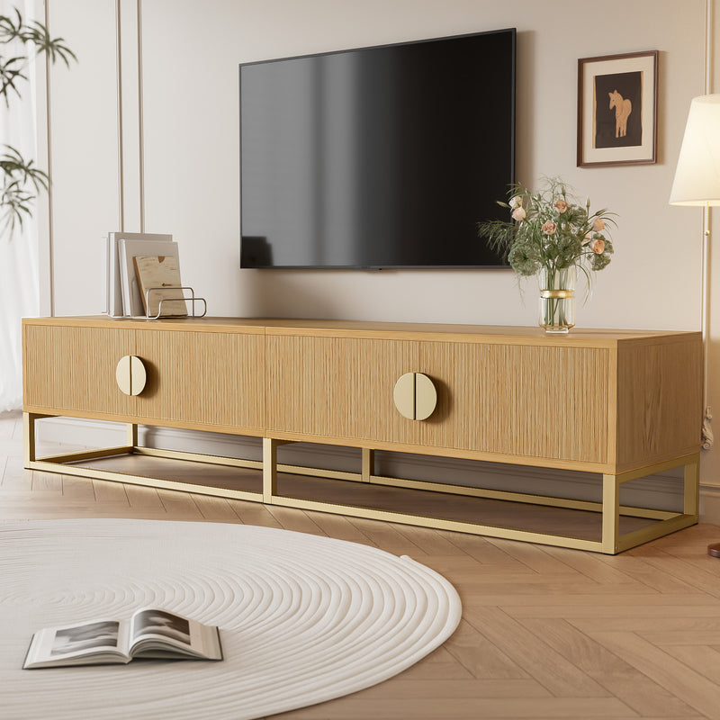 Meuble TV 180 cm avec veinure de bois – meuble de salle à manger moderne, 4 portes, poignées semi-circulaires SCAUNAID