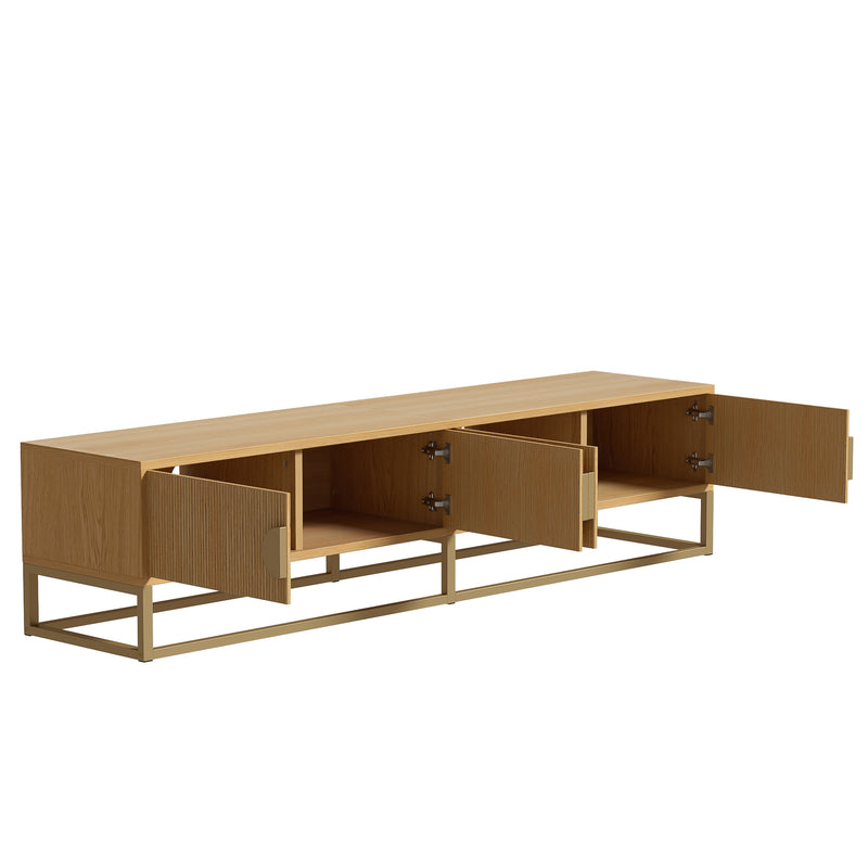 Meuble TV 180 cm avec veinure de bois – meuble de salle à manger moderne, 4 portes, poignées semi-circulaires SCAUNAID
