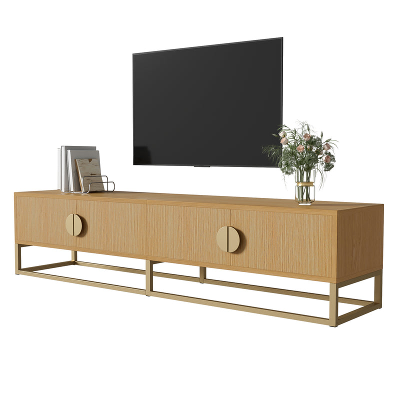 Meuble TV 180 cm avec veinure de bois – meuble de salle à manger moderne, 4 portes, poignées semi-circulaires SCAUNAID