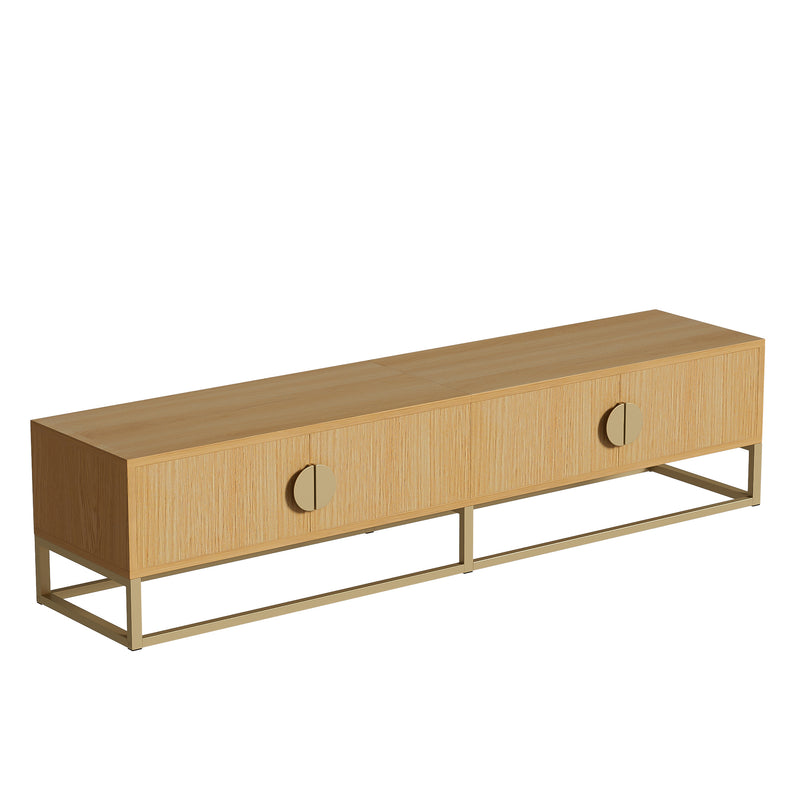 Meuble TV 180 cm avec veinure de bois – meuble de salle à manger moderne, 4 portes, poignées semi-circulaires SCAUNAID