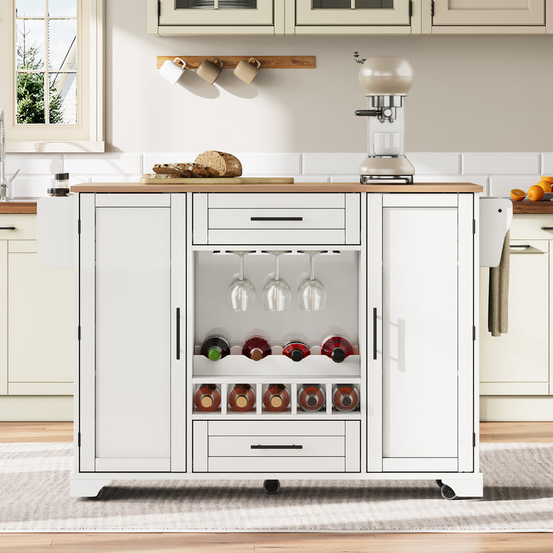 Îlot de cuisine blanc, plan effet bois pliant, porte-verres, casier à vin avec roulettes SEMIOCH