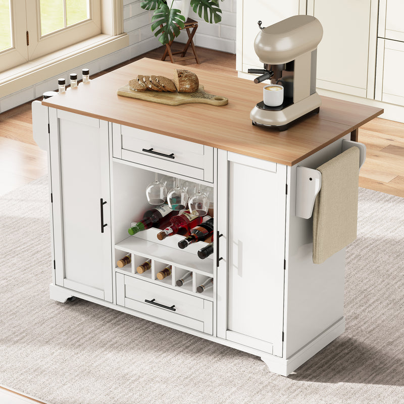 Îlot de cuisine blanc, plan effet bois pliant, porte-verres, casier à vin avec roulettes SEMIOCH