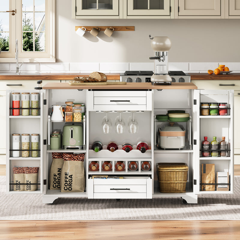 Îlot de cuisine blanc, plan effet bois pliant, porte-verres, casier à vin avec roulettes SEMIOCH