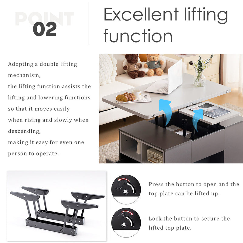 Table basse relevable 2 plateaux 2 tiroirs blanc et gris foncé SCODS