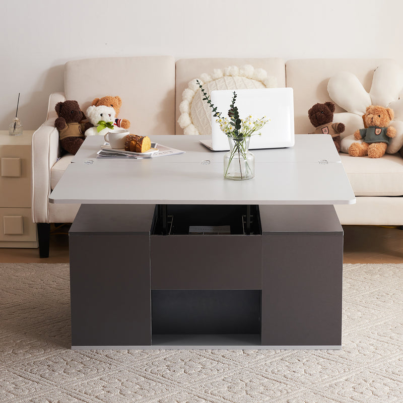 Table basse relevable 2 plateaux 2 tiroirs blanc et gris foncé SCODS