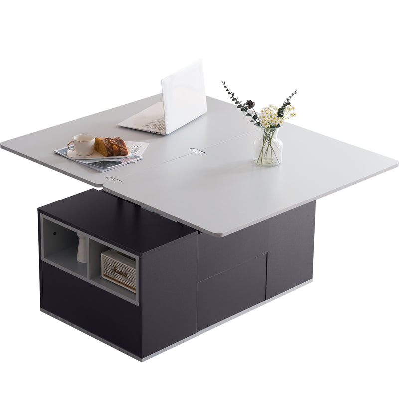 Table basse relevable 2 plateaux 3 tiroirs blanc et gris foncé SCODS